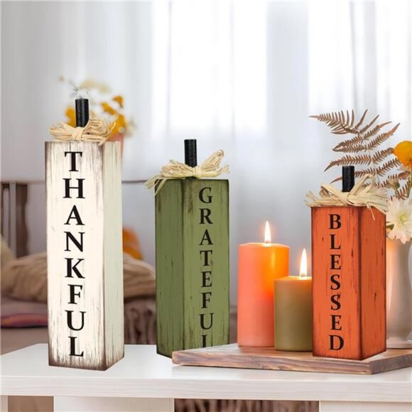 Thankful Blessed Grateful Tabletop Signs Thanksgiving Wooden Block Signs - Picture 2 of 8
